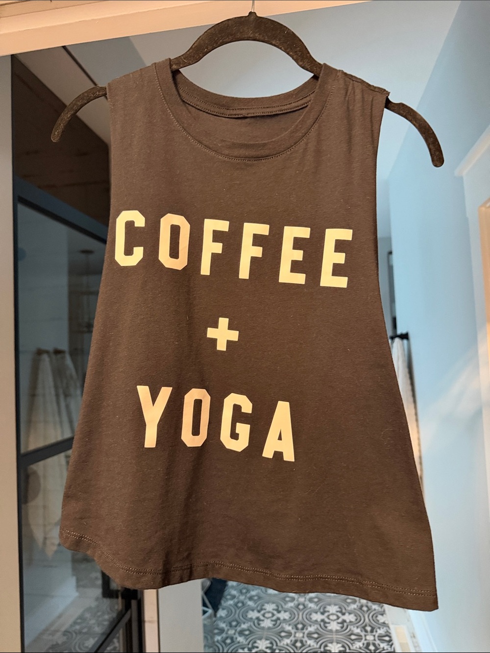 Bella Canvas Black Tank Top with Cream "COFFEE + YOGA" Graphic